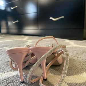 Pink satin heels with crystal ankle straps